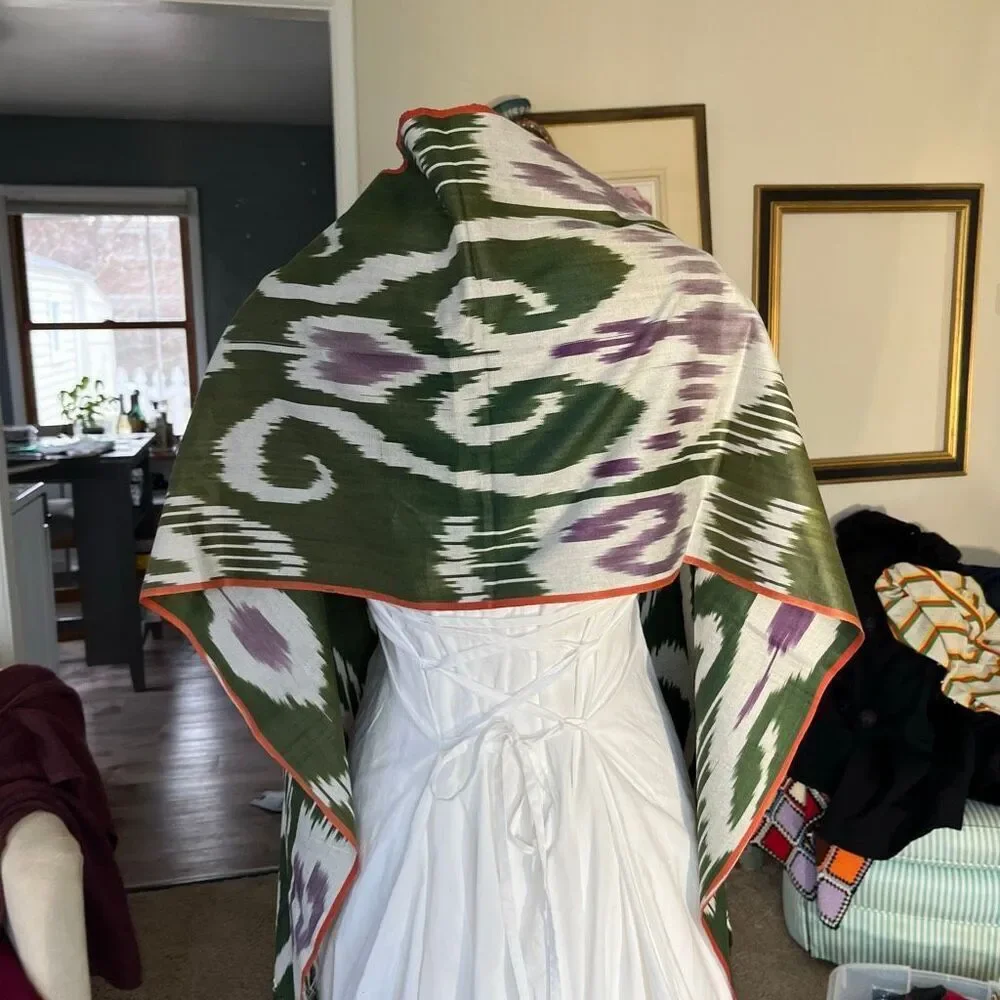 VTG Ikat Woven Scarf Shawl Green Purple Fringe Boho Wrap 70x15